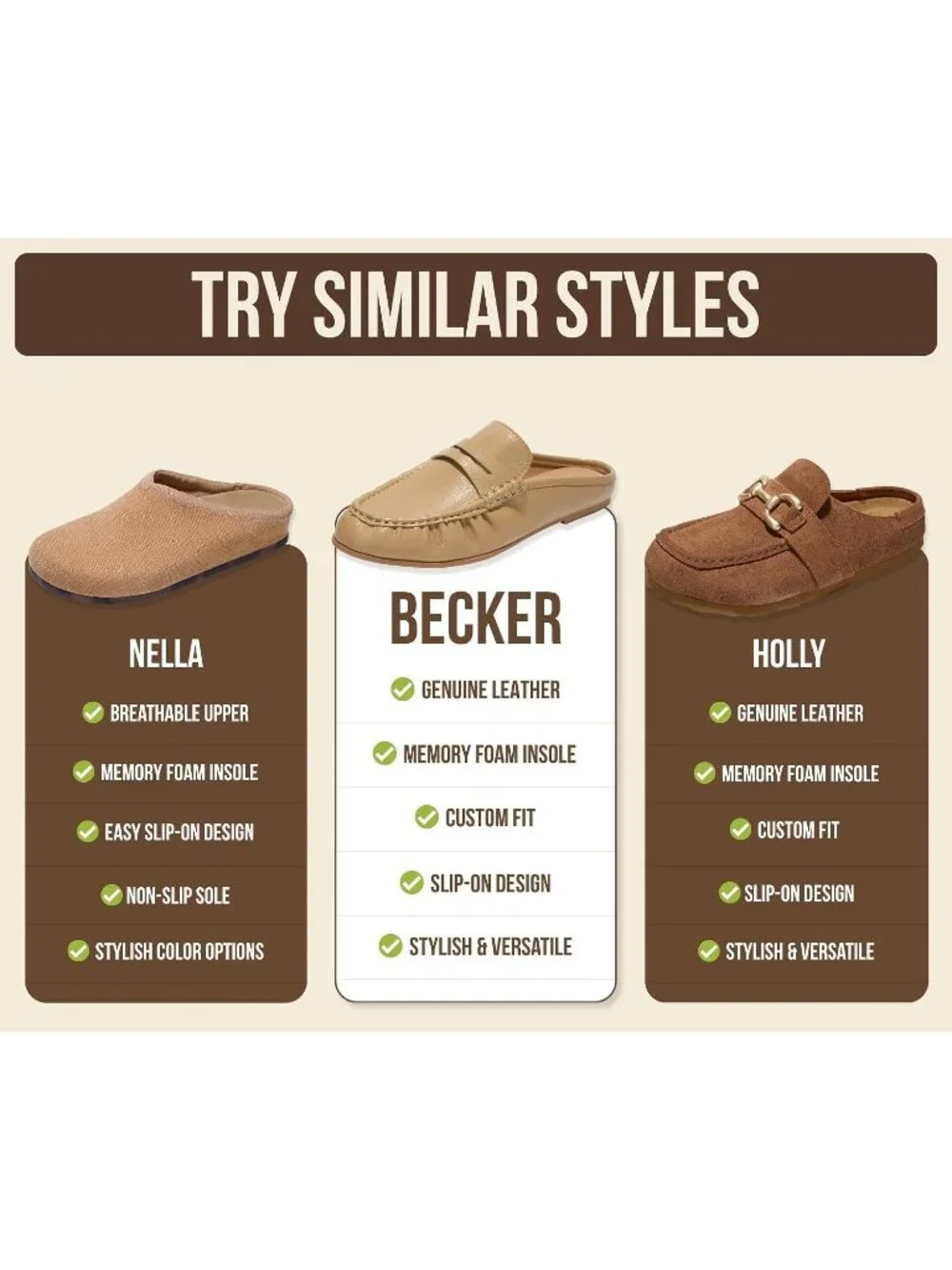 🆕Women's Tan Genuine Leather Penny Loafers Mules with Memory Foam Insole
